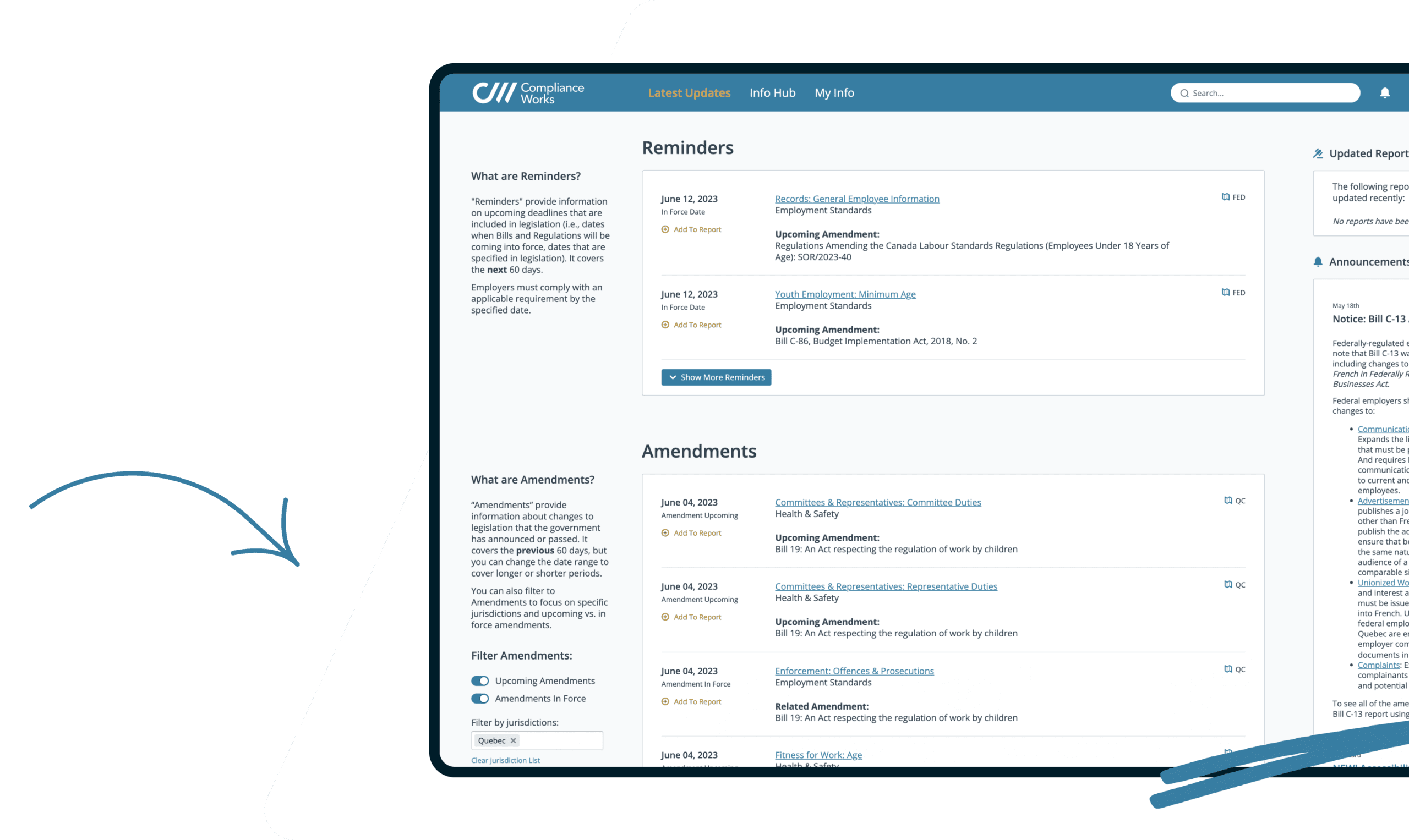 Portal View of Reminders and Amendments Page