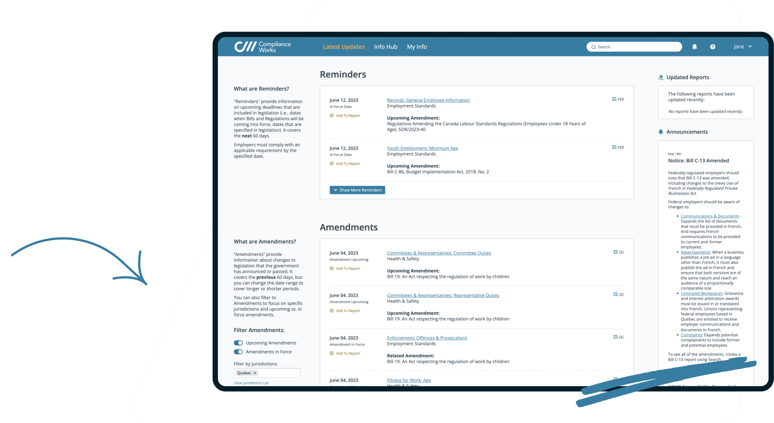 Portal View of Reminders and Amendments Page