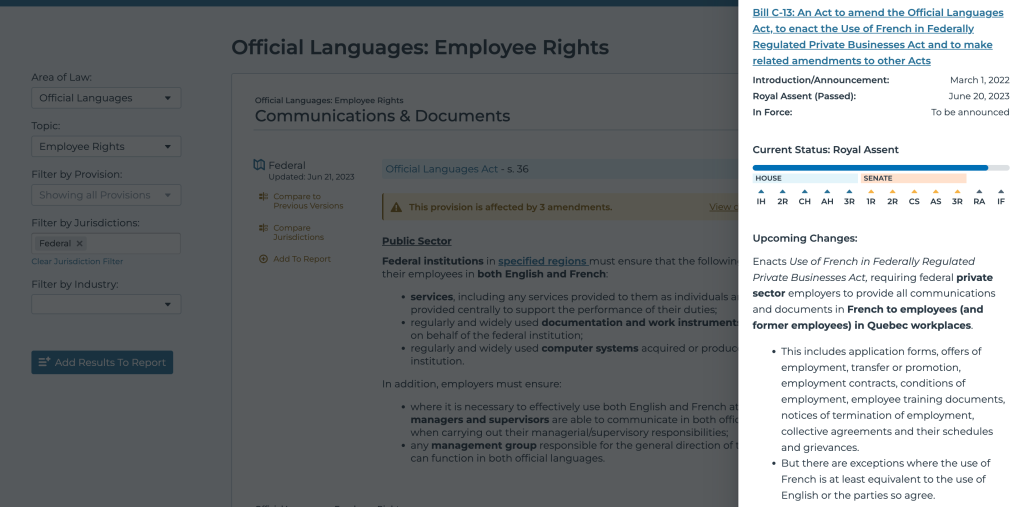 Bill C-13 Applies French Language Laws to Federal Private Sector 1 Screenshot of Bill C-13 summary in Compliance Works